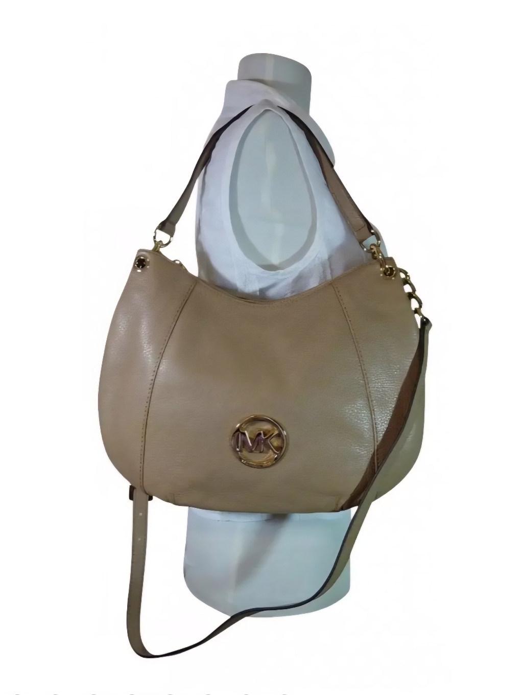 Michael Kors Taupe Pebbled Leather Hobo With Gold Mk Emblem.